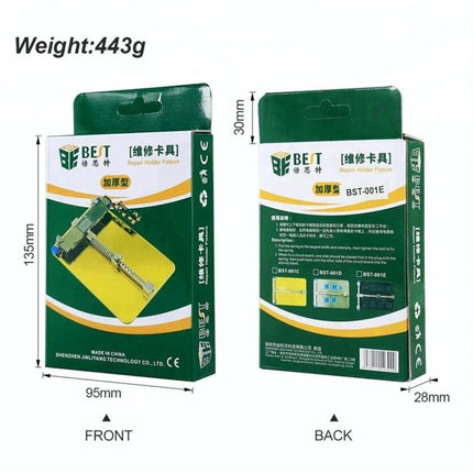 Professional Stainless Steel PCB Holder for Circuit Board Repair - stainless steel and plastic PCB holder packaging showing front and back dimensions
