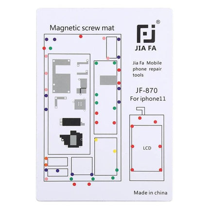 JIAFA Magnetic Screw Mat for iPhone Repair and Assembly shown with iPhone11 component layout and colored magnetic screw positions