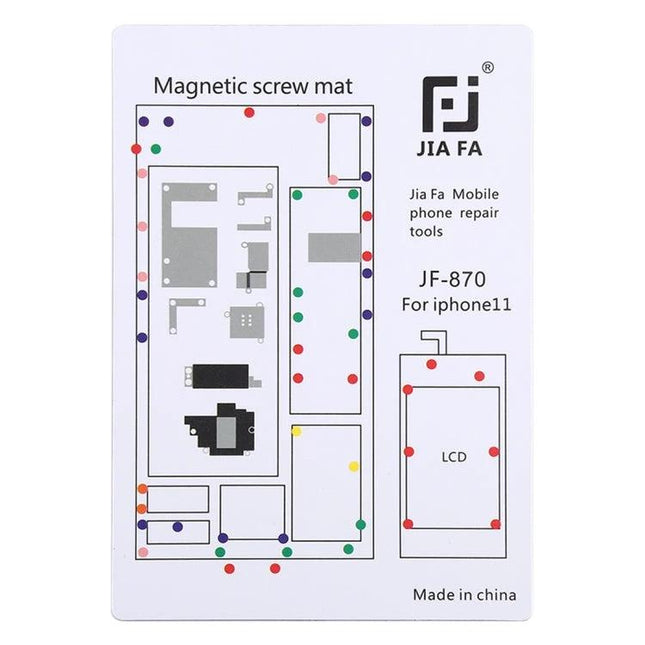 JIAFA Magnetic Screw Mat for iPhone Repair and Assembly shown with iPhone11 component layout and colored magnetic screw positions