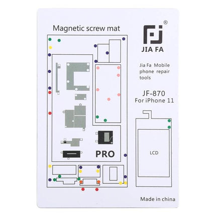JIAFA Magnetic Screw Mat for iPhone 11 Pro Repairs - white magnetic screw mat layout for iPhone 11 Pro repairs, labeled parts and colored screw positions