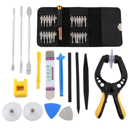 Comprehensive 16-in-1 Screwdriver and Repair Tool Set for Mobile Devices with bits, pry tools, suction cups and clamps in compact kit