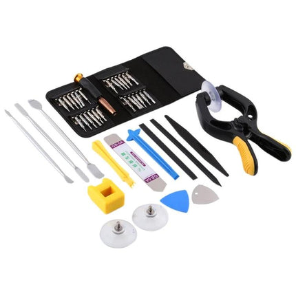 Comprehensive 16-in-1 Screwdriver and Repair Tool Set for Mobile Devices with assorted bits, pry tools, suction cups and clamp for smartphone repair
