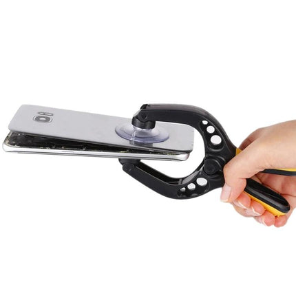 Comprehensive 16-in-1 Screwdriver and Repair Tool Set for Mobile Devices - hand using suction clamp to lift smartphone screen during repair