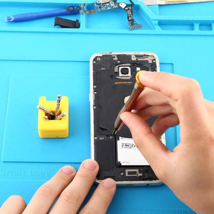 Comprehensive 16-in-1 Screwdriver and Repair Tool Set for Mobile Devices shown being used to repair a smartphone internals