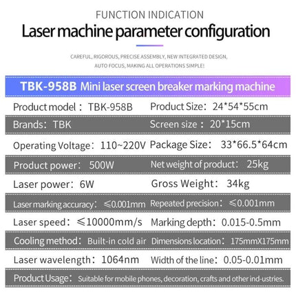 Automatic Mini Laser Marking Machine for Custom Designs on Metals compact TBK-958B specification sheet showing power, size, accuracy and usage