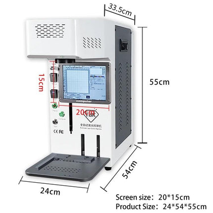 Automatic Mini Laser Marking Machine for Custom Designs on Metals compact desktop unit with 20x15cm screen and dimensions 24x54x55cm