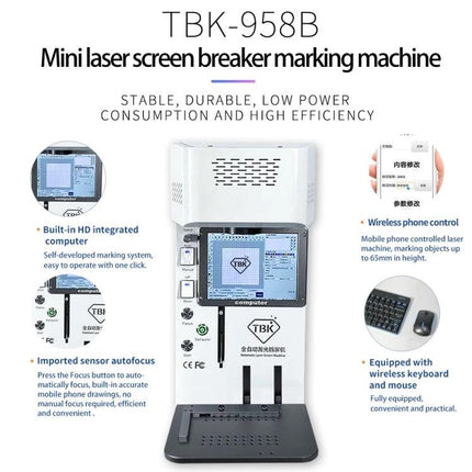 Automatic Mini Laser Marking Machine for Custom Designs on Metals compact desktop unit showing touchscreen, phone control and wireless keyboard features