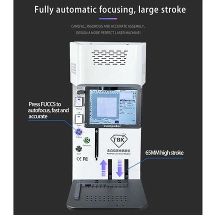 Automatic Mini Laser Marking Machine for Custom Designs on Metals compact tabletop unit showing touchscreen, one-button start, and 65mm stroke for metal engraving