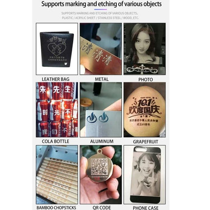 Automatic Mini Laser Marking Machine for Custom Designs on Metals engraving examples on leather, metal, photo, bottles, aluminum, bamboo, QR code, phone case