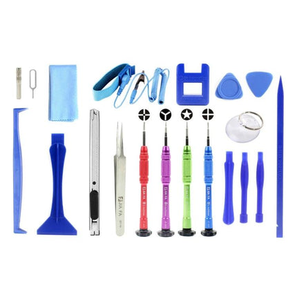 JIAFA 21-in-1 Repair Tool Set with Carrying Bag showing 21 precision screwdrivers, pry tools, tweezers and accessories in blue and colorful handles
