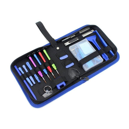 JIAFA 21-in-1 Repair Tool Set with Carrying Bag open case showing screwdrivers, pry tools, tweezers and accessories for phone and laptop repairs