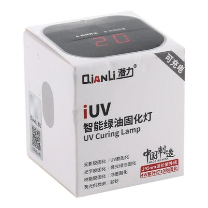 QIANLI 4W Rechargeable UV Curing Lamp for Phone Repairs and Adhesives box showing product branding and 395nm UV curing information
