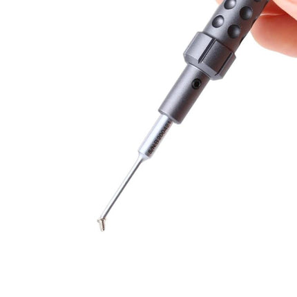 QIANLI 5-in-1 Magnetic Screwdriver Set for Device Repairs showing magnetic tip holding a small screw for precision gadget repair