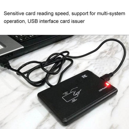 Portable USB Card Reader for IC and ID Access Control Systems - black USB card reader connected to laptop, fast contactless card scanning