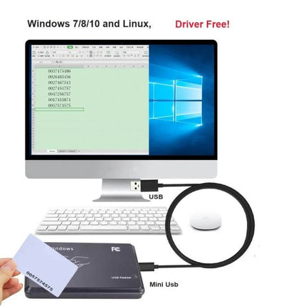 Portable USB Card Reader for IC and ID Access Control Systems - compact USB/mini-USB reader showing card held near reader with PC display (driver-free, fast <100ms)