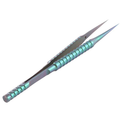 2UUL Titanium Precision Tweezer for Microscope Work showing iridescent titanium fine-point tweezer with textured grip for electronics and microscope assembly