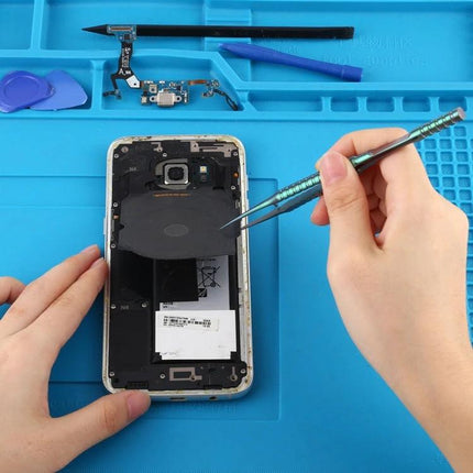 2UUL Titanium Precision Tweezer for Microscope Work used to handle small smartphone components during repair on blue mat