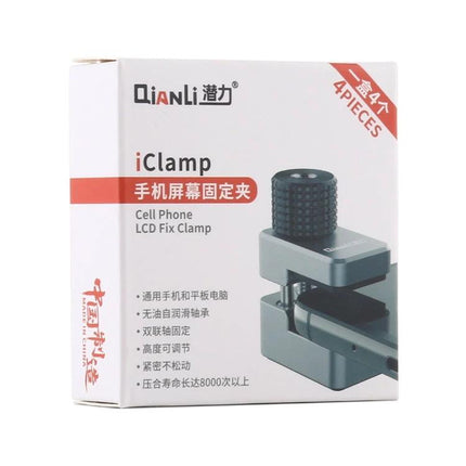 Qianli Universal Fix Clamp for Cell Phone and Tablet Repairs - packaged iClamp box showing clamp used for holding phones and tablets during repair