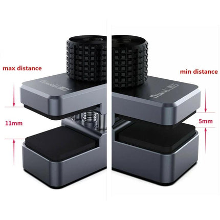 Qianli Universal Fix Clamp for Cell Phone and Tablet Repairs showing max 11mm and min 5mm clamp distances for secure device stabilization