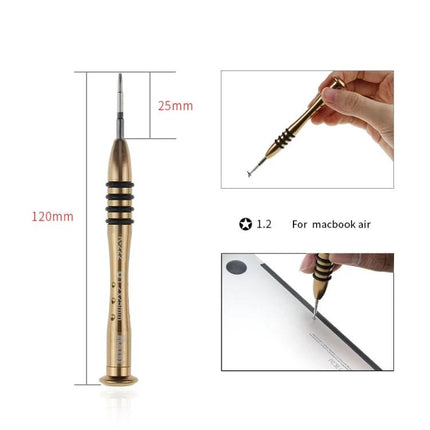 Kaisi Professional 7-in-1 Tool Set for Phone and Tablet Repair gold precision screwdriver showing 1.2mm bit and use on MacBook Air (120mm)