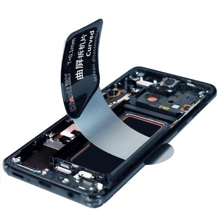 QIANLI Ultra Thin Curved Screen Pry Spudger for Phone Disassembly being used to lift a smartphone screen without scratches
