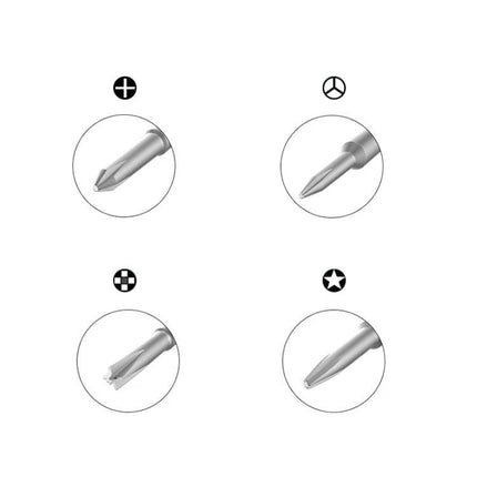 BEST 4-in-1 Screwdriver Set for Apple Phone Maintenance showing four interchangeable precision bits (Phillips, tri-point, pentalobe, and flat)