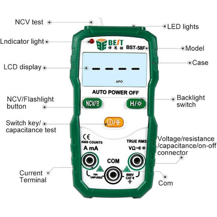 BEST Automatic Digital Multimeter for Household Electrical Testing - green handheld auto-ranging multimeter showing labeled buttons and ports
