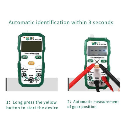 BEST Automatic Digital Multimeter for Household Electrical Testing - green handheld auto-ranging multimeter showing probes and auto identify feature