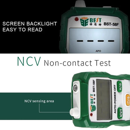 BEST Automatic Digital Multimeter for Household Electrical Testing - compact green BST-58F with backlight and NCV non-contact test, easy-to-read display