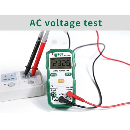 BEST Automatic Digital Multimeter for Household Electrical Testing showing AC voltage measurement with probes in wall outlet