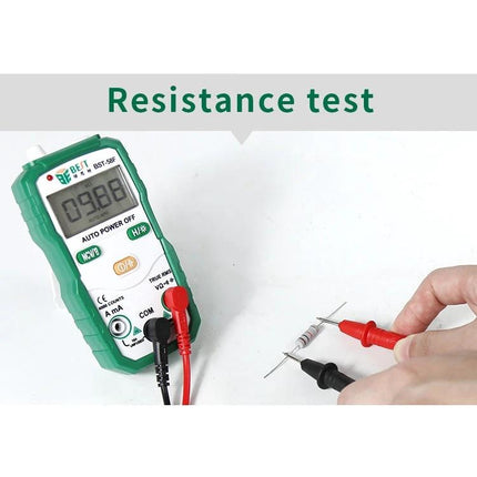 BEST Automatic Digital Multimeter for Household Electrical Testing showing resistance test with probes on a resistor