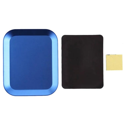 Red Magnetic Aluminum Alloy Screw Tray for Phone Repairs organized workspace, magnetic blue tray shown with mat and adhesive pad