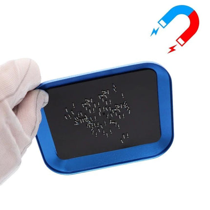 Red Magnetic Aluminum Alloy Screw Tray for Phone Repairs, blue tray variant holding screws on magnetic surface