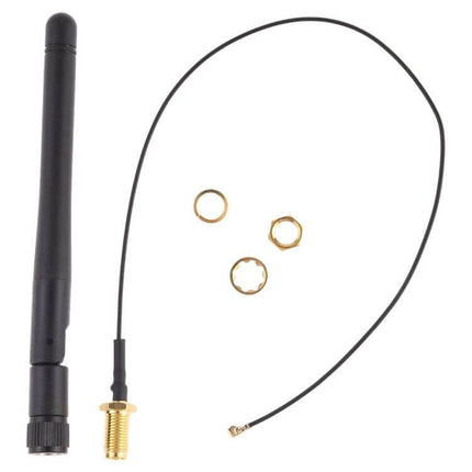 Replacement M.2 Wireless Card for Device Connectivity with Antenna shown with black external antenna, coax cable and mounting nuts