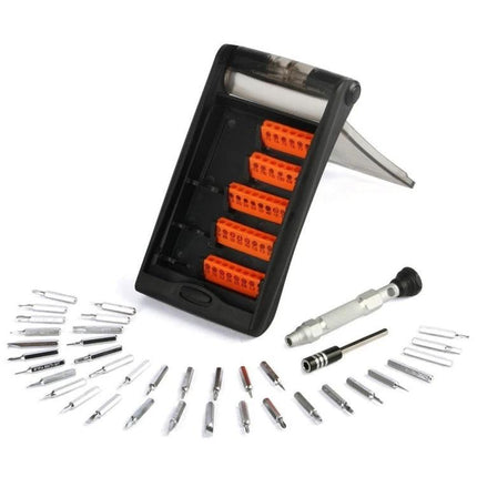 Jakemy 38-in-1 Precision Screwdriver Set for Electronics Repair with 36 bits, handle, and orange bit organizer laid out