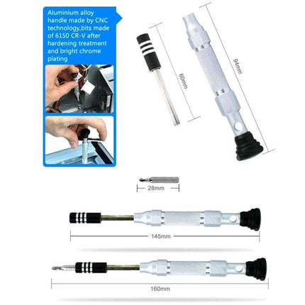 Jakemy 38-in-1 Precision Screwdriver Set for Electronics Repair with aluminum alloy handle and interchangeable bits, shown with measurements