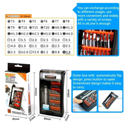 Jakemy 38-in-1 Precision Screwdriver Set for Electronics Repair compact case showing 36 bits, accessories and packaging