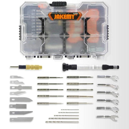 Jakemy 34-in-1 Multipurpose Screwdriver Set for DIY Repairs with clear case, bits, blades, wrenches and precision drivers laid out