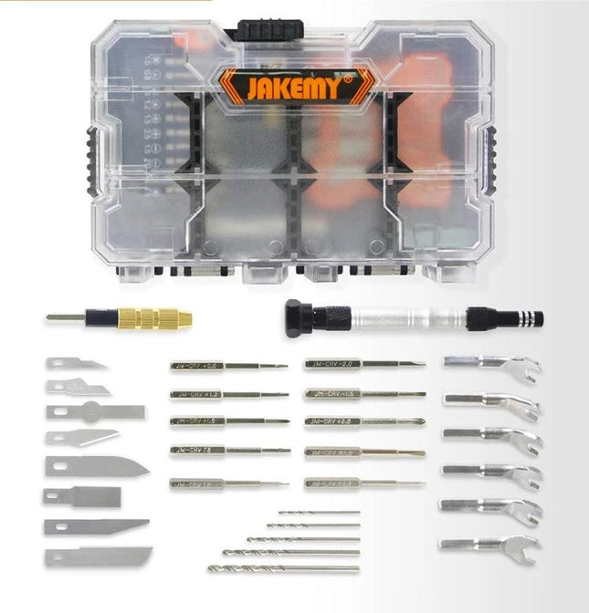 Jakemy 34-in-1 Multipurpose Screwdriver Set for DIY Repairs with clear case, bits, blades, wrenches and precision drivers laid out
