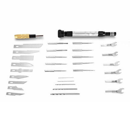 Jakemy 34-in-1 Multipurpose Screwdriver Set for DIY Repairs showing bits, blades, wrench heads and precision driver laid out