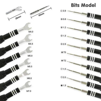 Jakemy 34-in-1 Multipurpose Screwdriver Set for DIY Repairs showing multiple wrench heads and precision bits with size labels