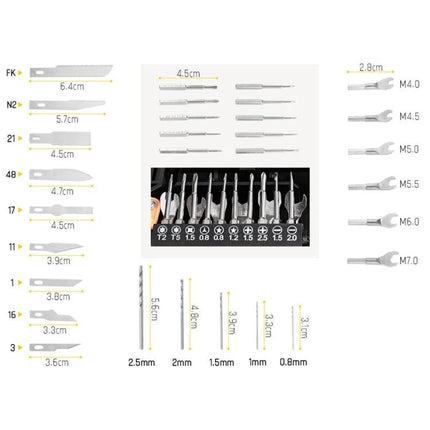 Jakemy 34-in-1 Multipurpose Screwdriver Set for DIY Repairs showing organized bits, blades, and wrench sizes for electronics, crafting, and PCB work