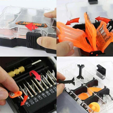 Jakemy 34-in-1 Multipurpose Screwdriver Set for DIY Repairs—compact organized case with flip-out bits, blades, wrenches for electronics, PCB and craft work