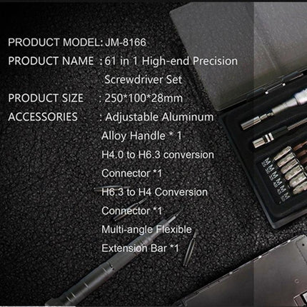 JAKEMY 61 In 1 Screwdriver Kit for Electronic Device Repair showing precision bits, aluminum handle, flexible extension bar and compact case