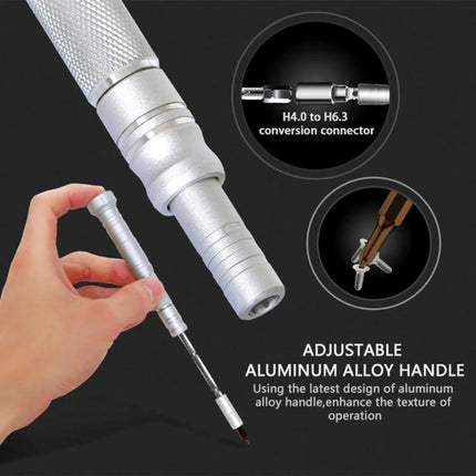 JAKEMY 61 In 1 Screwdriver Kit for Electronic Device Repair showing adjustable aluminum alloy handle and precision bit being inserted