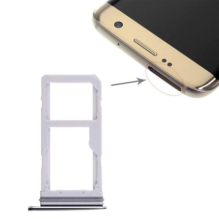 Samsung Galaxy S7 Edge SIM Card Tray for Daily Phone Essentials - white replacement SIM and microSD tray shown next to gold phone edge