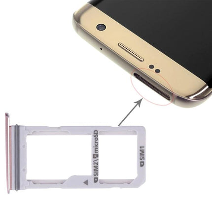 Samsung Galaxy S7 Edge SIM Card Tray for Daily Phone Essentials - replacement SIM/microSD tray shown next to gold S7 Edge