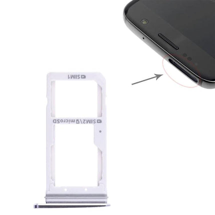 Samsung Galaxy S7 SIM Card Tray for Everyday Phone Switching replacement tray shown next to phone for easy SIM/MicroSD swapping