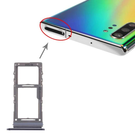 Samsung SIM and Micro SD Card Tray for Galaxy Note10+ Daily Use replacement tray shown next to Note10+ phone slot