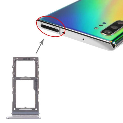 Samsung SIM and Micro SD Card Tray for Galaxy Note10+ Daily Use replacement tray shown next to Note10+ SIM slot